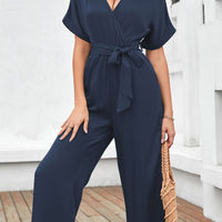 Tie Waist Surplice Wide Leg Jumpsuit