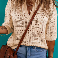 Openwork Johnny Collar Half Sleeve Knit Top