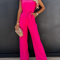 Ruffled Round Neck Cap Sleeve Jumpsuit