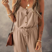 Waffle-Knit Drawstring Wide Strap Jumpsuit