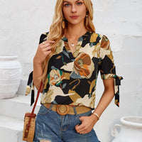 Tied Printed Notched Short Sleeve Blouse