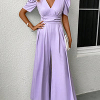 V-Neck Short Sleeve Wide Leg Jumpsuit