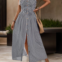 Tied Smocked Striped Sleeveless Midi Dress