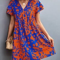 Ruffled Printed V-Neck Short Sleeve Mini Dress