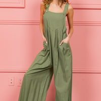 BiBi Ruched Wide Leg Overalls with Pockets