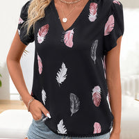 Printed V-Neck Short Sleeve Blouse