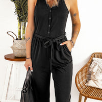 Full Size Tie Waist Sleeveless Jumpsuit with Pockets