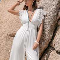 Lace Detail Plunge Cap Sleeve Jumpsuit