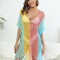 Fringe Color Block Scoop Neck Cover Up