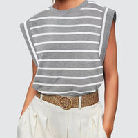 Striped Round Neck Cap Sleeve T-Shirt