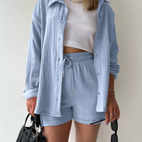 Texture Button Up Shirt and Drawstring Shorts Set