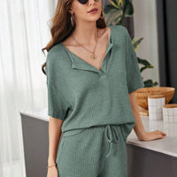 Full Size Waffle-Knit Dropped Shoulder Top and Shorts Set