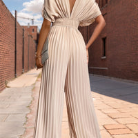 Pleated Short Sleeve Wide Leg Jumpsuit