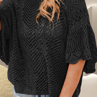 Openwork Round Neck Half Sleeve Knit Top