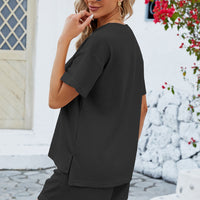 Notched Button Detail Dropped Shoulder Top and Shorts Set