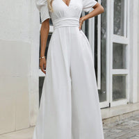 V-Neck Short Sleeve Wide Leg Jumpsuit