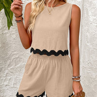 Contrast Trim Round Neck Top and Shorts Set