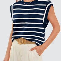 Striped Round Neck Cap Sleeve T-Shirt