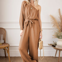 Texture Single Shoulder Tie-Waist Jumpsuit