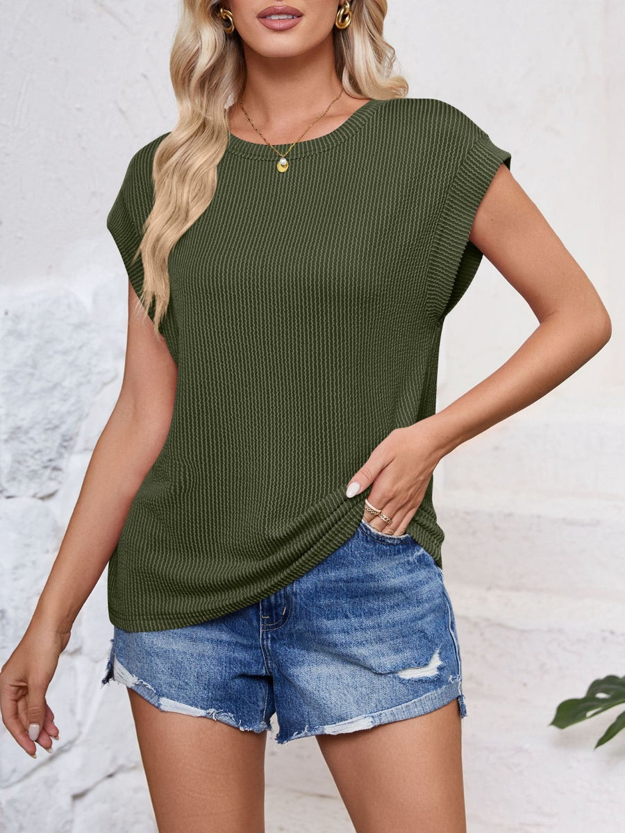 Textured Round Neck Cap Sleeve Blouse