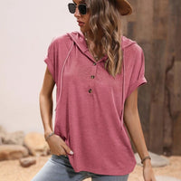 Half Button Hooded Short Sleeve Blouse