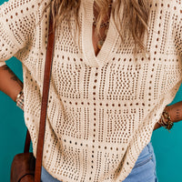 Openwork Johnny Collar Half Sleeve Knit Top