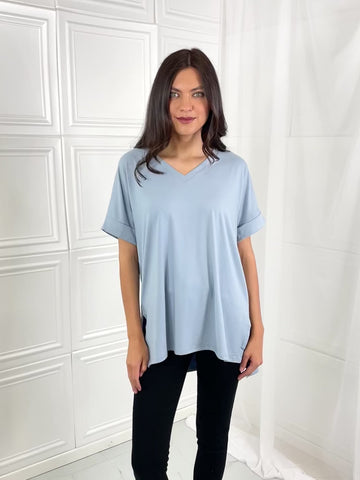 Zenana Simply Comfy Full Size V-Neck Loose Fit Shirt in Blue