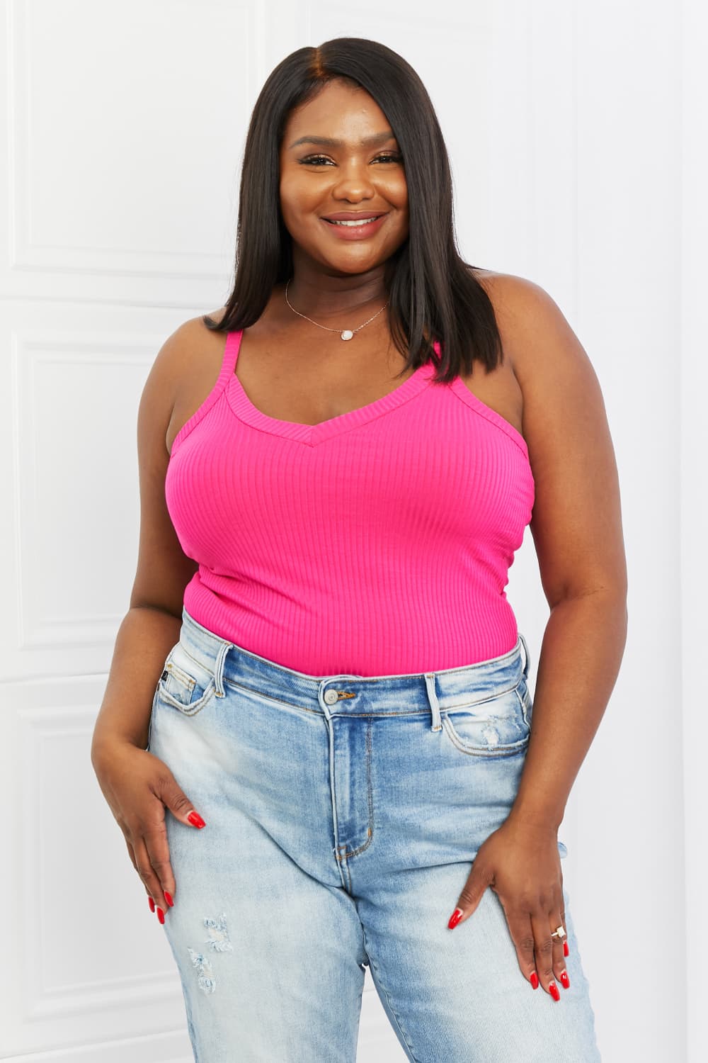 Zenana Full Size V-Neck Ribbed Cami in Hot Pink