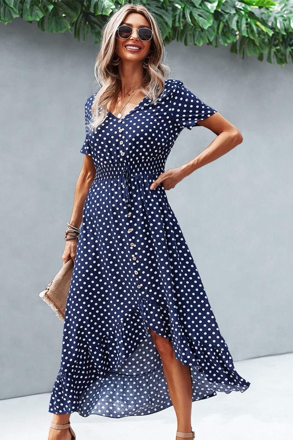 Polka Dot Ruffle Hem V-Neck Short Sleeve Midi Dress