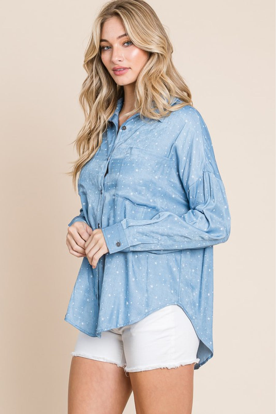 HEYSON Full Size You're A Star Button-Up Denim Look Shirt