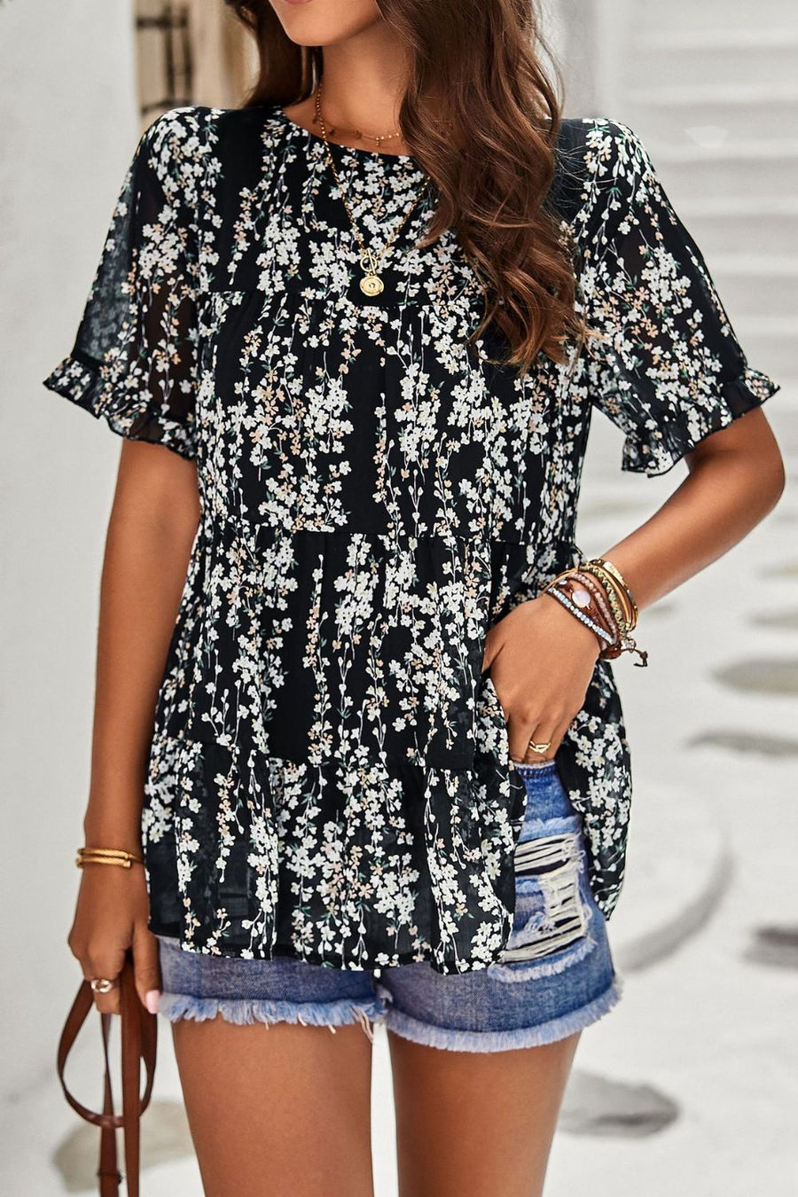 Printed Round Neck Tiered Top