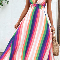 Multicolored Stripe Crisscross Backless Dress