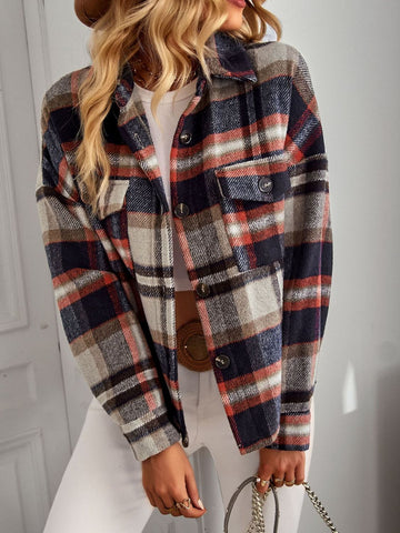 Plaid Button Front Brushed Jacket with Breast Pockets