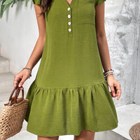 Buttoned Notched Neck Flutter Sleeve Dress