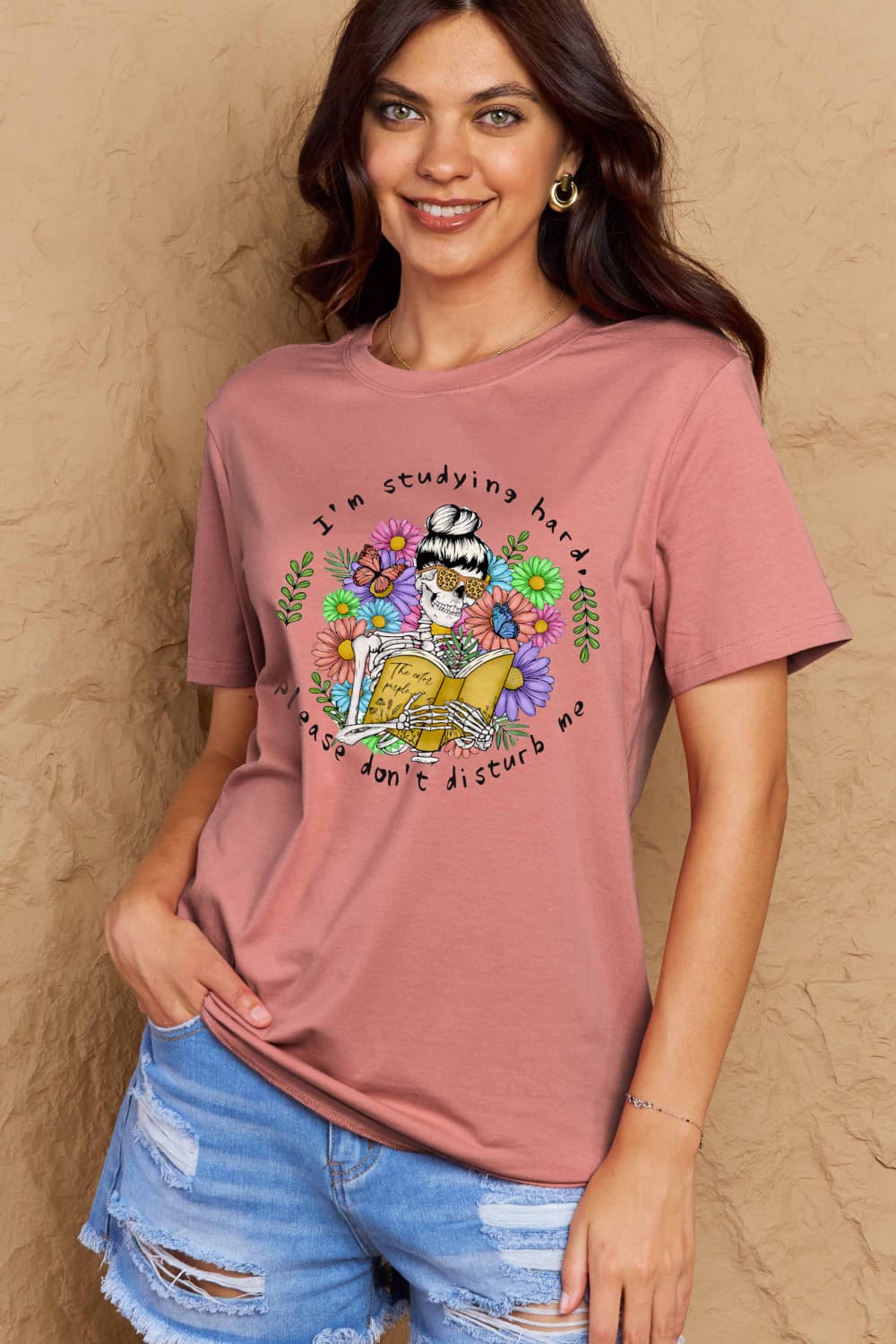 Simply Love Full Size Reading Skeleton Graphic Cotton Tee