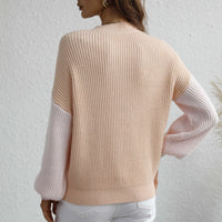 Two-Tone Rib-Knit Dropped Shoulder Sweater