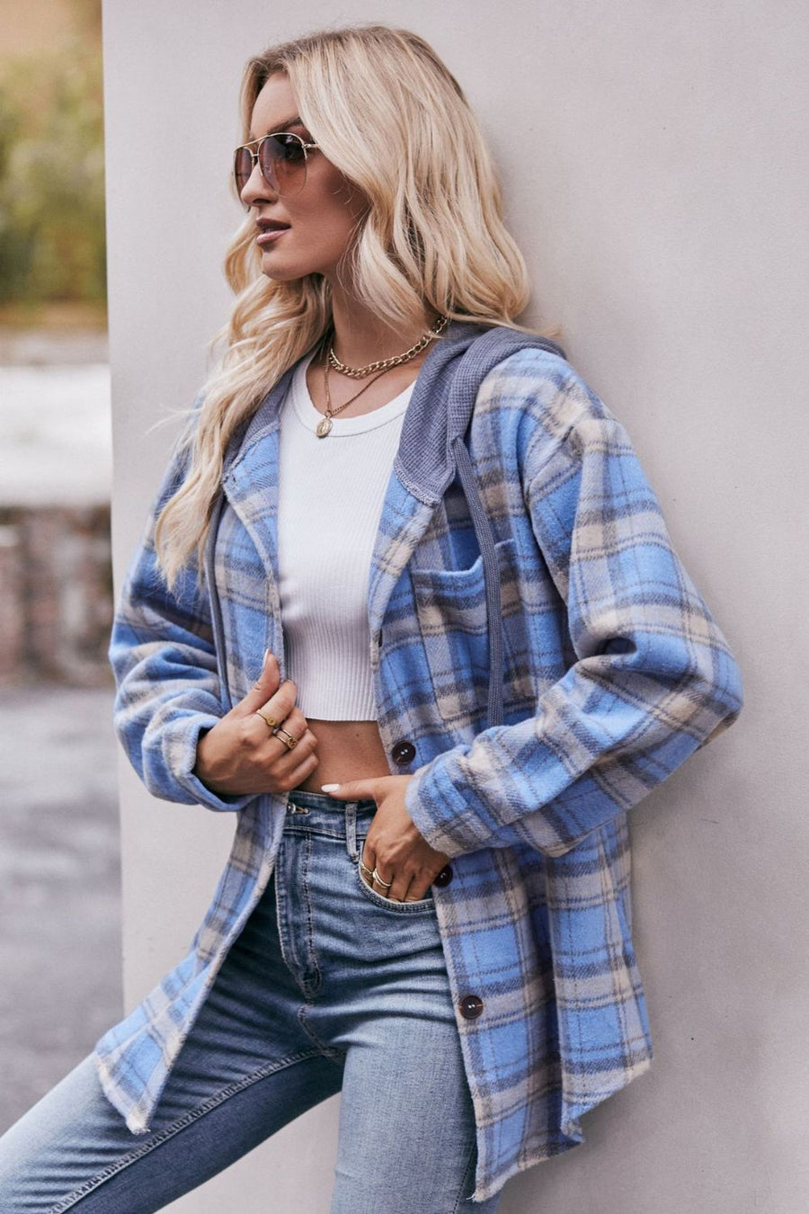 Plaid Dropped Shoulder Hooded Longline Shacket