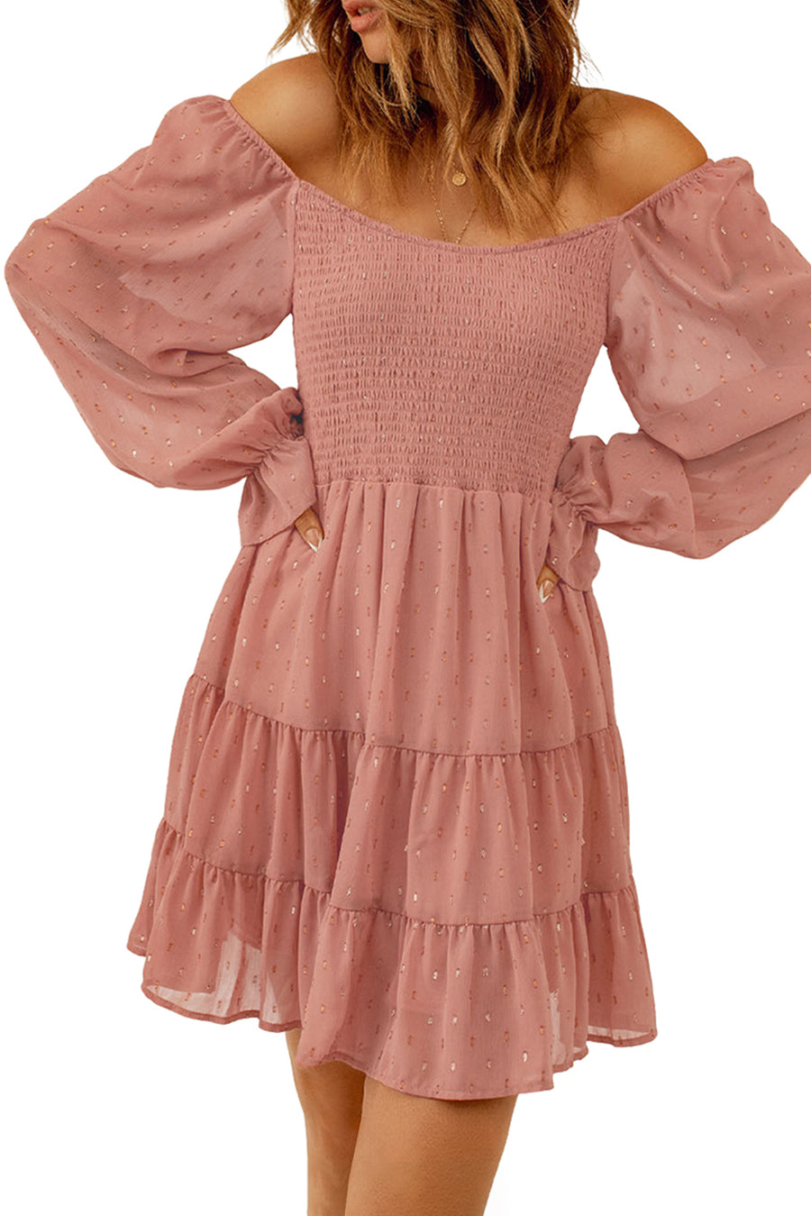 Smocked Long Flounce Sleeve Tiered Dress