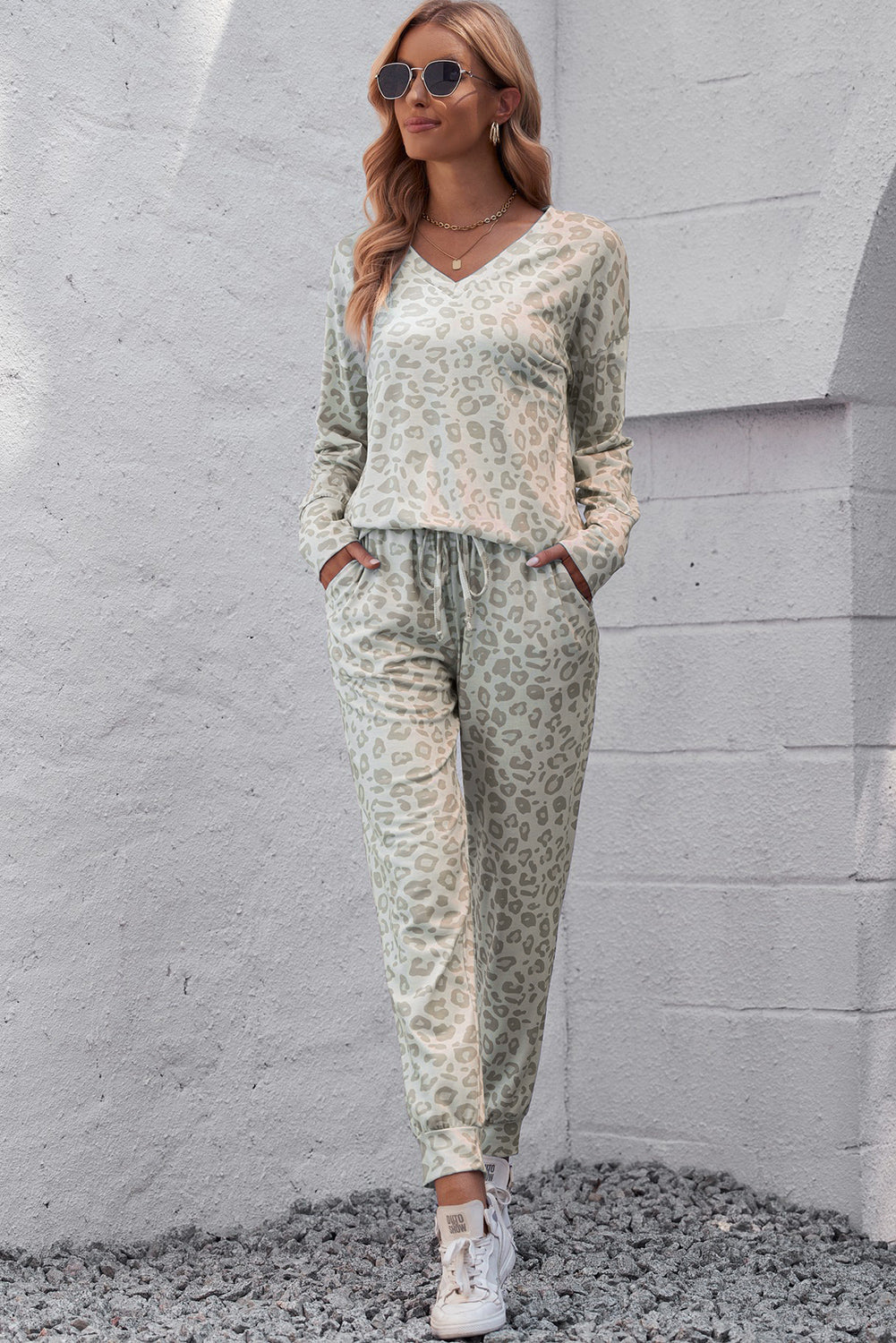 Leopard V-Neck Top and Drawstring Joggers Pajama Set