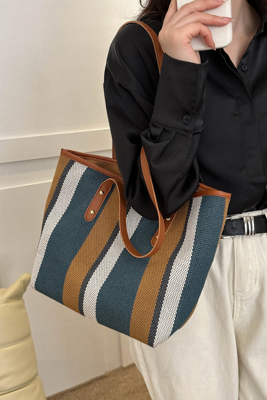 Taupe and turquoise stripe bag