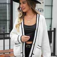 Waffle Knit V-Neck Cardigan with Pocket