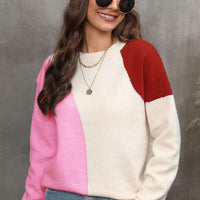 Color Block Ribbed Cuff Drop Shoulder Sweater