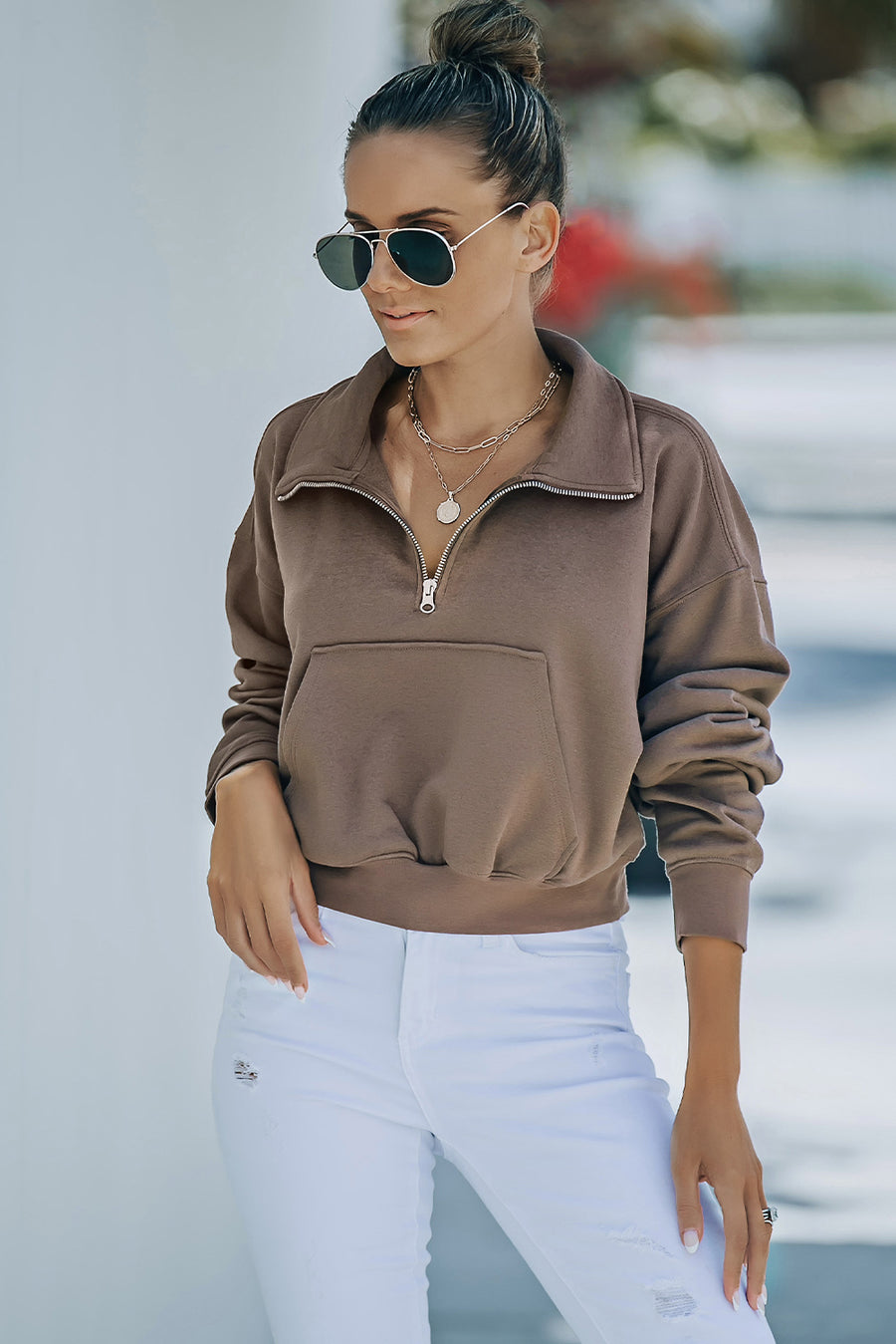 Quarter Zip Dropped Shoulder Sweatshirt with Kangaroo Pocket