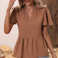 Ribbed Flutter Sleeve Notched Peplum Blouse