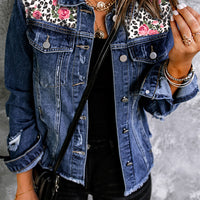 Mixed Print Distressed Button Front Denim Jacket