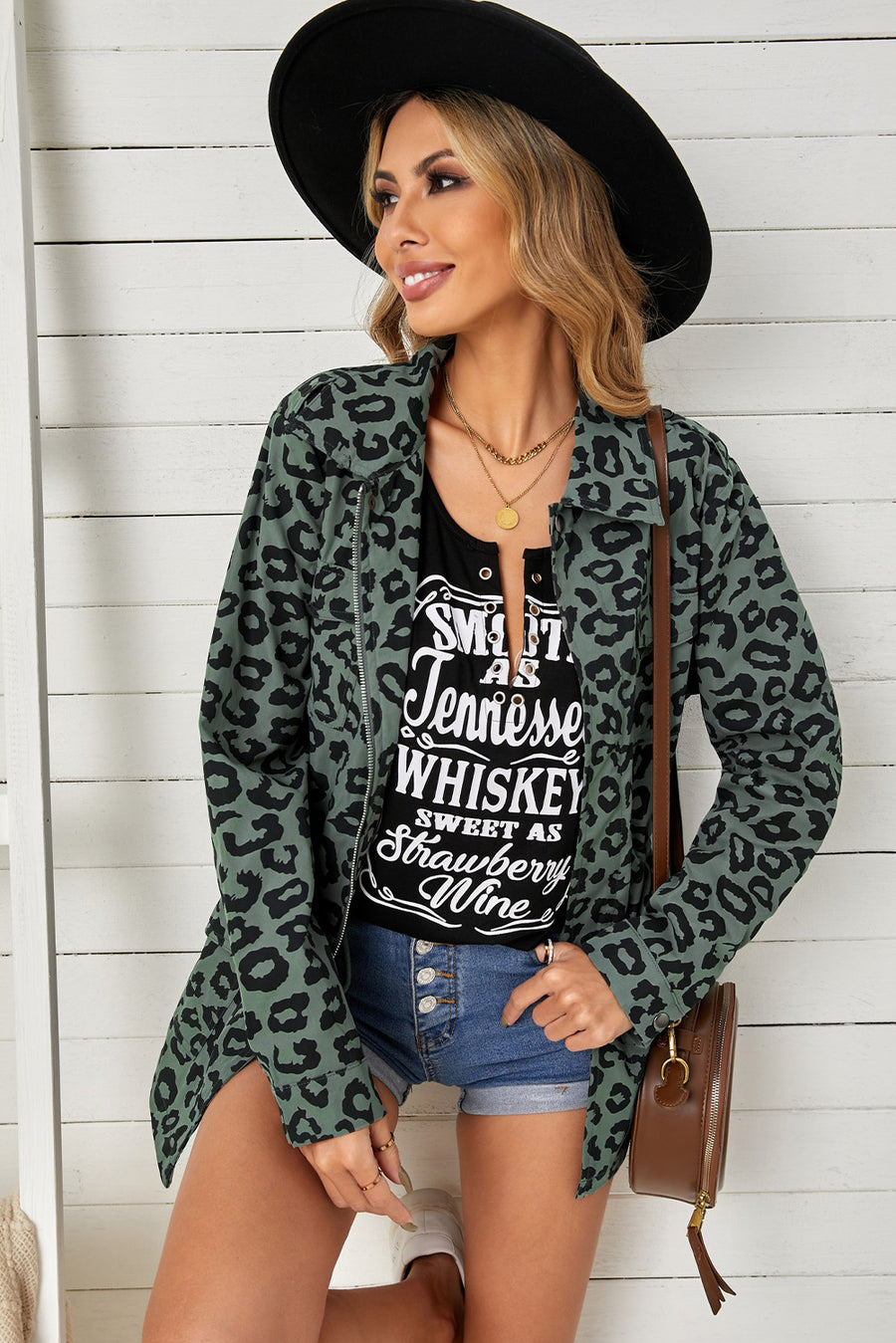 Leopard Drawstring Waist Shirt Jacket with Pockets