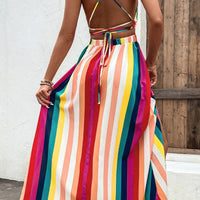 Multicolored Stripe Crisscross Backless Dress