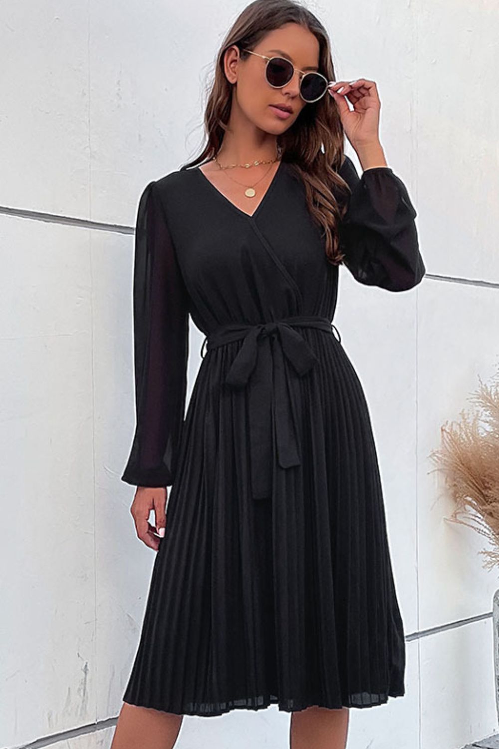 Belted Balloon Sleeve Pleated Dress