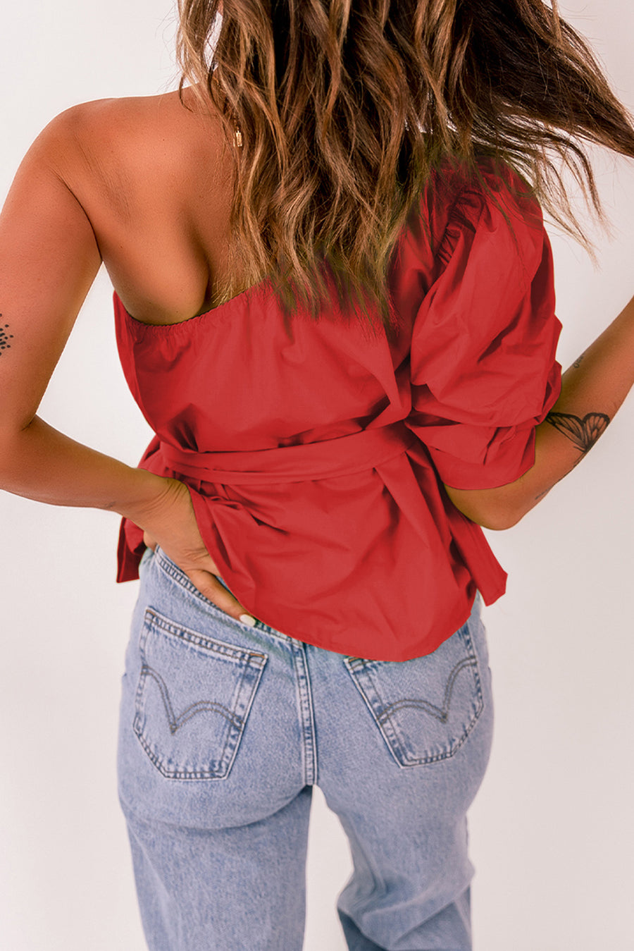 Tied Puff Sleeve One-Shoulder Top