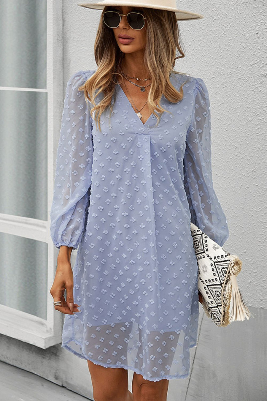 Swiss Dot V-Neck Long Sleeve Dress